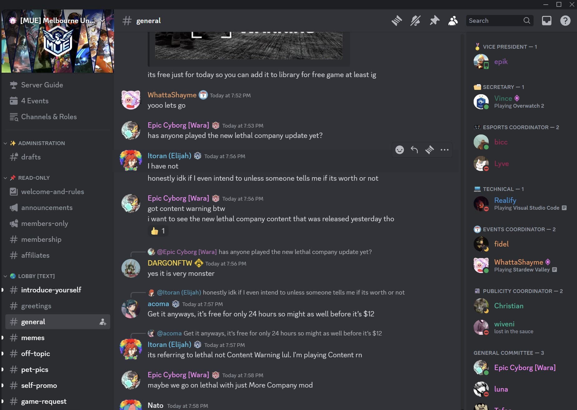 Screenshot of #general chat inside MUE's discord server